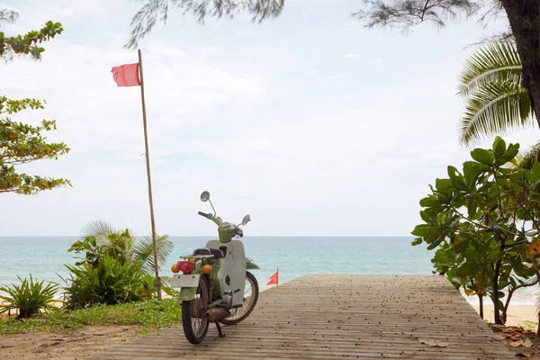 ヤシの木がある素敵な熱帯のビーチ近くのバイクの眺め — ストック写真