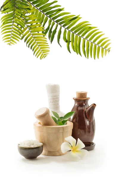 Nahaufnahme Von Massagestempel Mörtel Salz Und Auf Weißem Rücken — Stockfoto