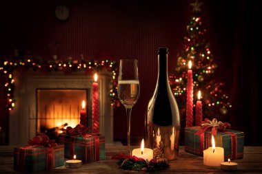 close up view of champagne with gifts on  color back clipart