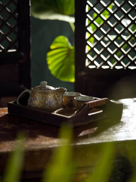 Close View Nice China Teapot Glasses Color Back — Stock Photo, Image