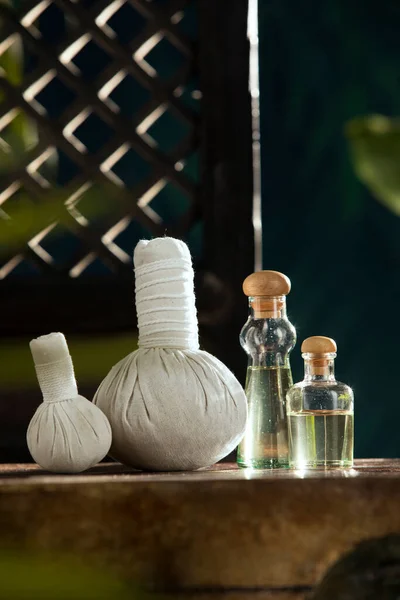 Close View Oil Herbal Massage Compress Green Back — Stock Photo, Image