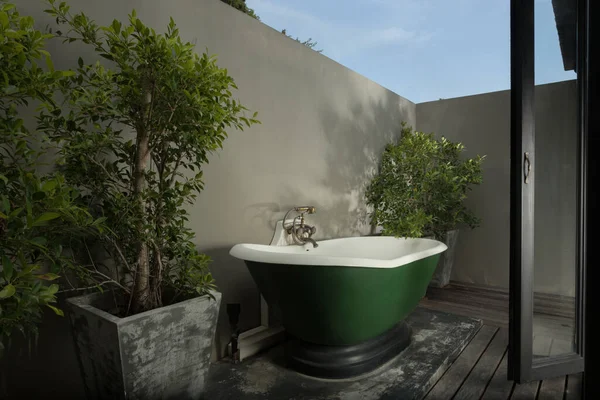 Arkasında Ağaçlar Olan Benzersiz Modern Banyo Manzarası — Stok fotoğraf