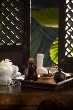 Renkli tropik palmiye yaprakları üzerindeki spa temalı nesnelerin görünümü