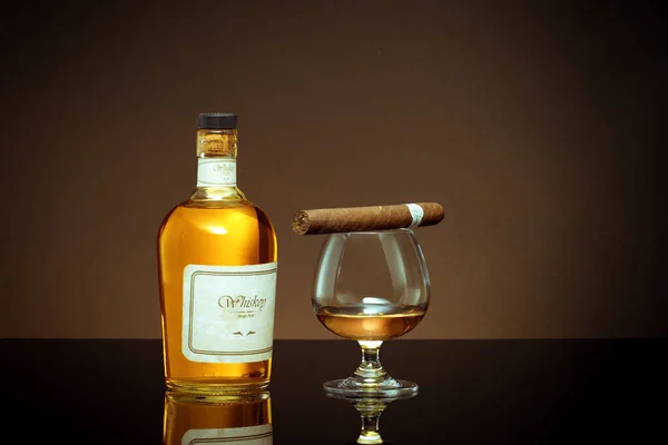 Logos Trademarks Self Made Labels Close View Cigar Bottle Cognac — Stock Photo, Image
