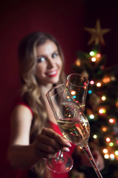 Portrait Nice Woman Red Dress Champagne Christmas Environment — Stock Photo, Image