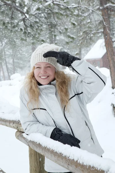 Retrato de joven hermosa mujer en invierno fondo al aire libre . — Foto de Stock