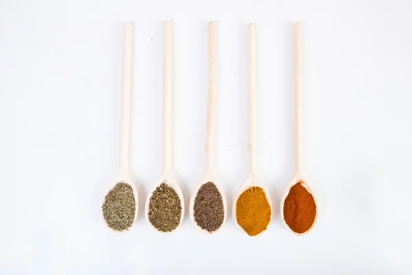 Dried spices on spoons — Stock Photo, Image