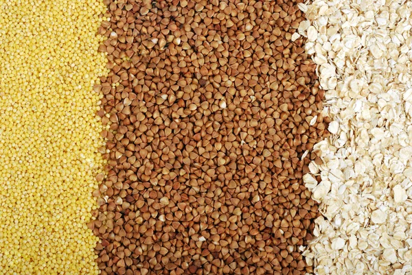 Buckwheat, millet and oat groats — Stock Photo, Image