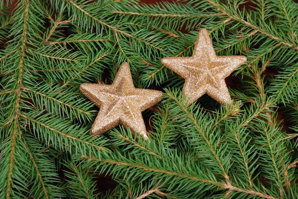 Pair of gold stars on the background of fir branches — Stock Photo, Image