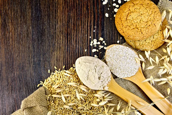 Flour and bran oat in spoon with grains on board — Stock Photo, Image