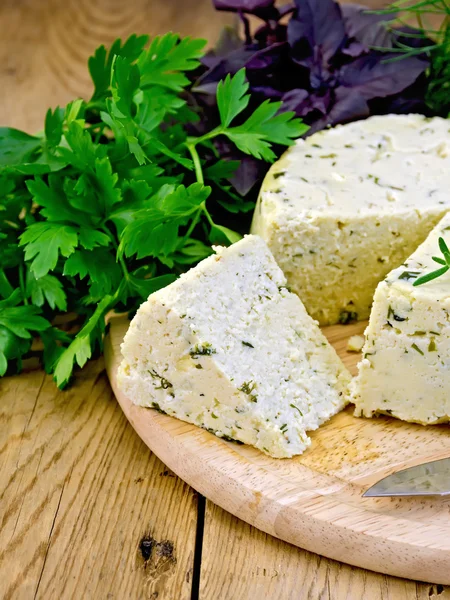 Queijo caseiro redondo com ervas a bordo — Fotografia de Stock