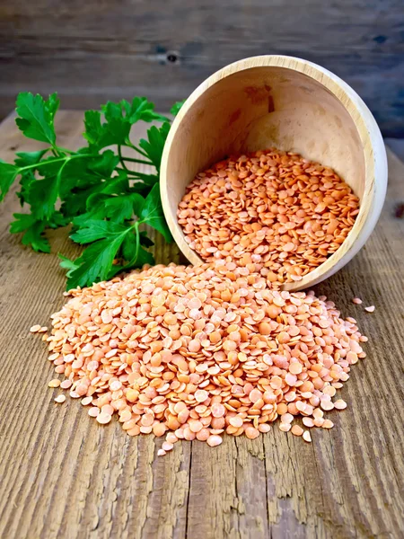 Lentils red in wooden bowl with parsley on board — Stock Photo, Image