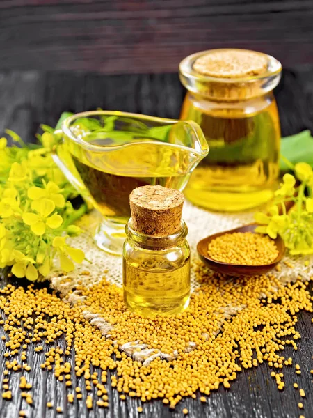 Mustard Oil Two Glass Jars Gravy Boat Grains Leaves Yellow — Stock Photo, Image