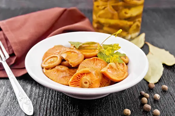 Salted Mushrooms Saffron Sour Cream Currant Leaf Sprig Dill Plate — Stock Photo, Image