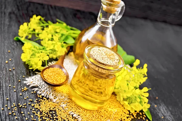 Mustard Oil Glass Jar Decanter Mustard Grains Burlap Napkin Flowers — Stock Photo, Image