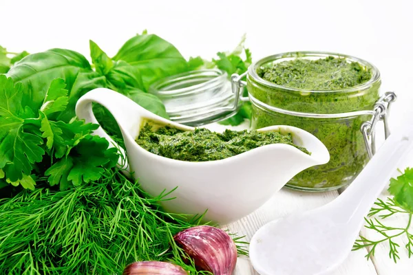 Sauce Aneth Persil Basilic Coriandre Autres Herbes Épicées Ail Huile — Photo