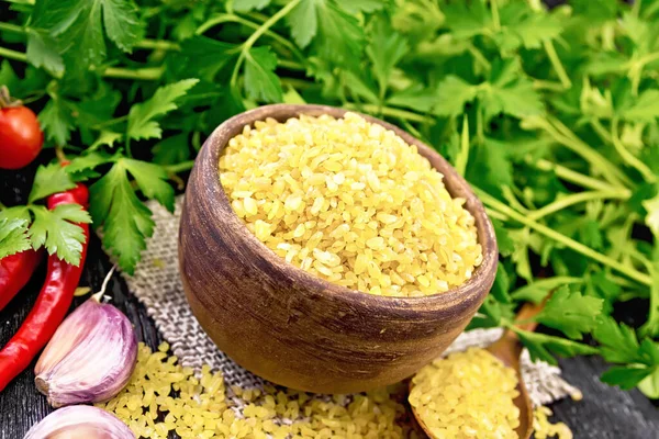 Bulgur Groats Steamed Wheat Grains Clay Bowl Spoon Burlap Napkin — Stock Photo, Image