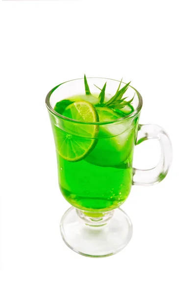 Tarragon Limonade Met Ijs Estragon Takjes Glazen Beker Geïsoleerd Witte — Stockfoto