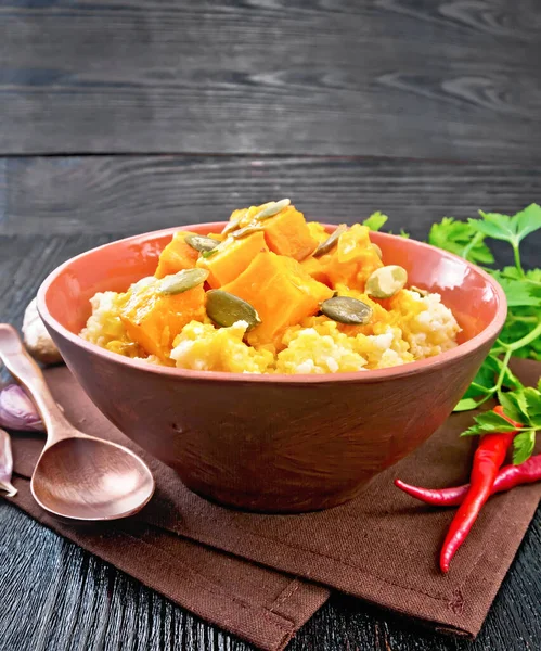 Millet Porridge Spicy Pumpkin Sauce Seeds Clay Bowl Napkin Hot — Stock Photo, Image