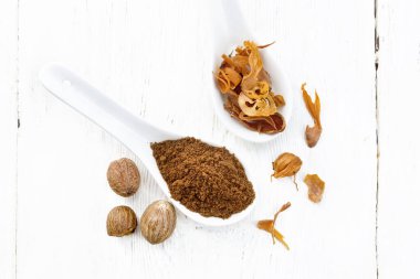 Hindistan cevizi ve kurutulmuş hindistan cevizi arillus iki kaşıkta, fındıklar yukarıdan hafif ahşap bir tahtanın üzerinde.