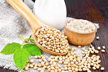 Kaşıkta soya fasulyesi, sütte süt, kasede un ve tahta zeminde çuval bezi üzerinde yeşil yaprak.