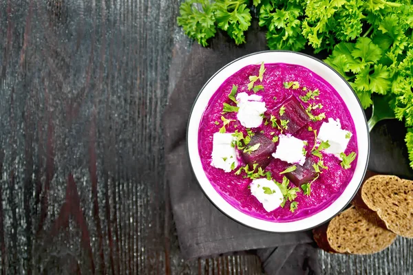 Suppenpüree Aus Rote Bete Kartoffeln Und Sahne Mit Gesalzenem Frischkäse — Stockfoto