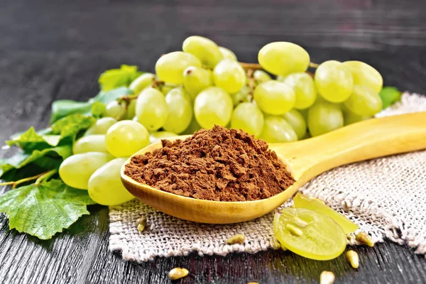 Grape Seed Flour Spoon Burlap Napkin Green Grapes Dark Wooden — Stock Photo, Image