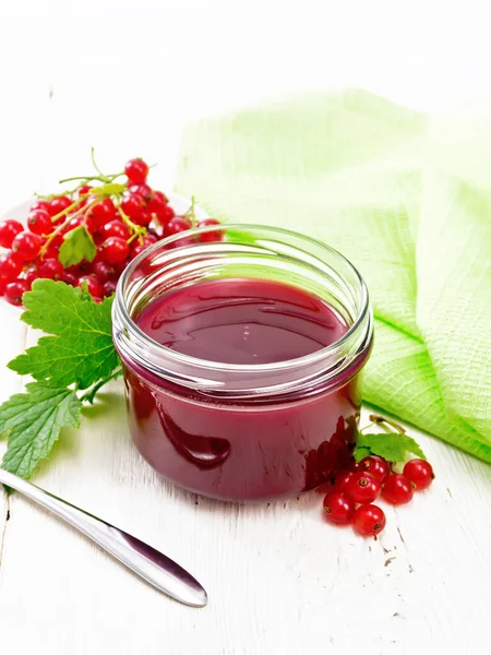 Red Currant Jam Glass Jar Bunches Berries Leaves Napkin Spoon — Stock Photo, Image