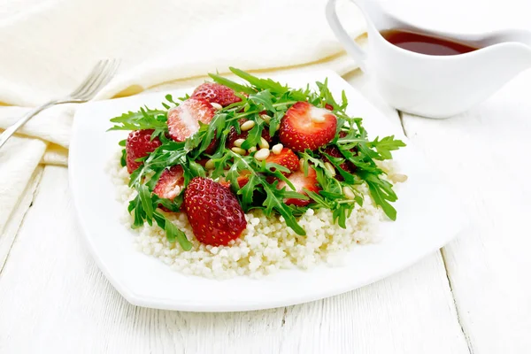 Strawberry Couscous Cedar Nuts Arugula Salad Dressed Balsamic Vinegar Olive — Stock Photo, Image