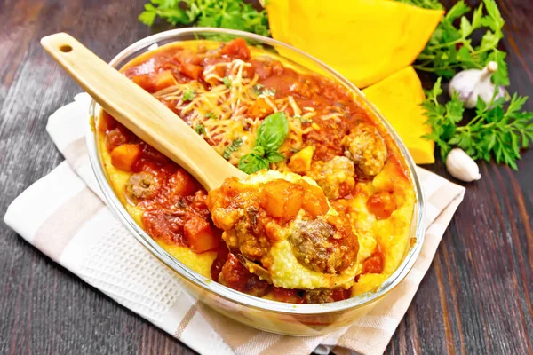 Corn Porridge Meatballs Sauce Tomato Garlic Pumpkin Sprinkled Cheese Basil — Stock Photo, Image