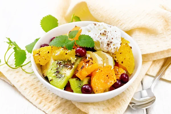 Fruit Salad Banana Orange Kiwi Cranberries Baked Pumpkin Whipped Cream — Stock Photo, Image