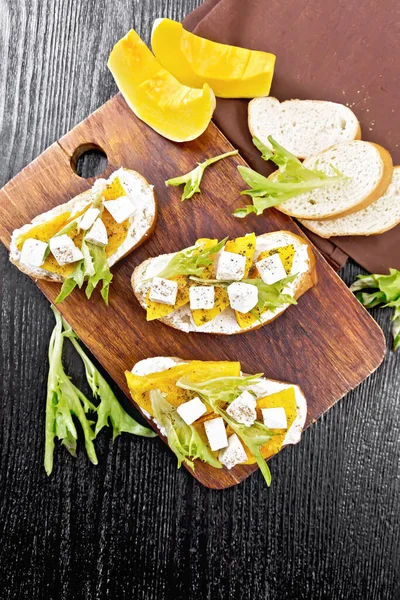 Bruschetta Baked Pumpkin Salted Feta Cheese Ricotta Arugula Spices Towel — Stock Photo, Image