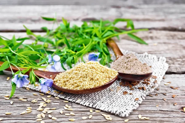 Flax Bran Flour Two Spoons Burlap Napkin Linen Leaves Flowers — Stock Photo, Image