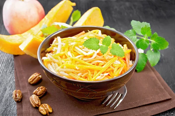 Pumpkin Carrot Apple Salad Pecans Seasoned Vegetable Oil Bowl Towel — Stock Photo, Image