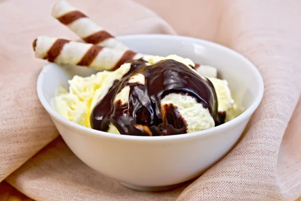Ice cream vanilla with waffles on napkin — Stock Photo, Image