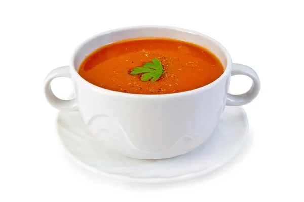 Soupe tomate dans un bol blanc au persil — Photo