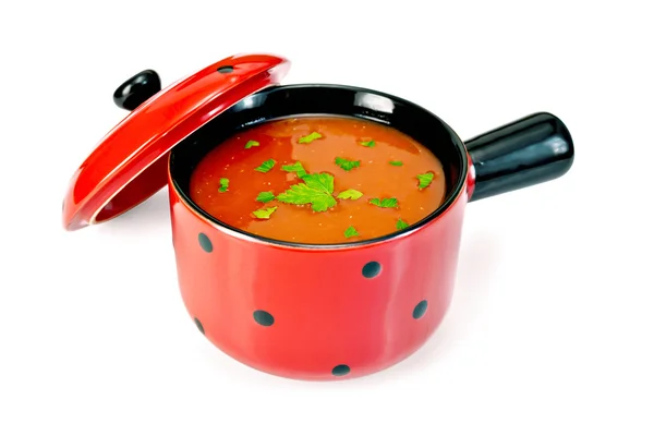 Zuppa di pomodoro in ciotola rossa con prezzemolo — Foto Stock
