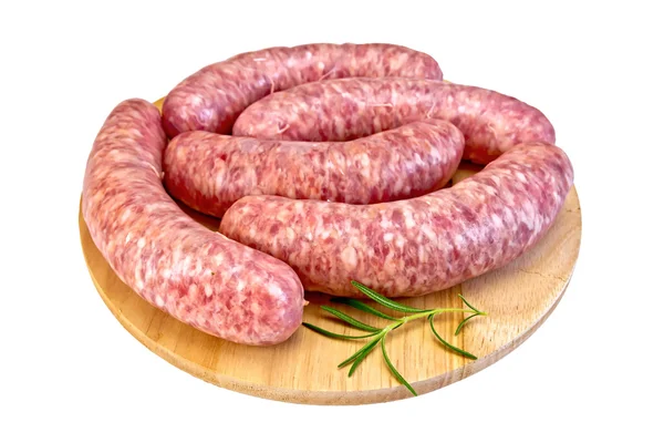 Sausages pork on round board — Stock Photo, Image