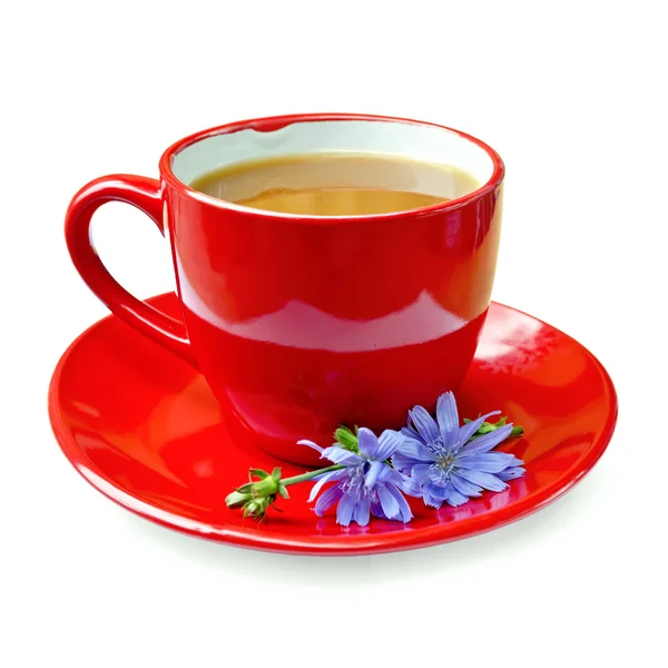 Bebida de achicoria en taza roja con flor — Foto de Stock