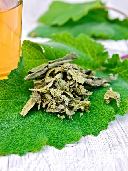 Sage dried on fresh leaves with cup on board — Stock Photo, Image