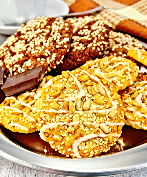 Cookies chocolate and shortcake with sesame on tray — Stock Photo, Image