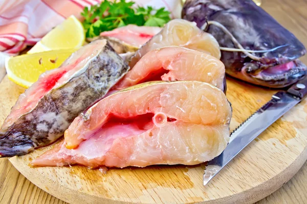 Pesce gatto crudo con coltello a bordo — Foto Stock