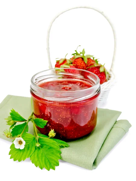 Jam strawberry with basket of berry on napkin — Stock Photo, Image