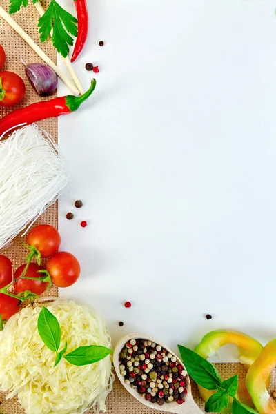 Frame of funchoza and pepper with paper on sacking — Stock Photo, Image