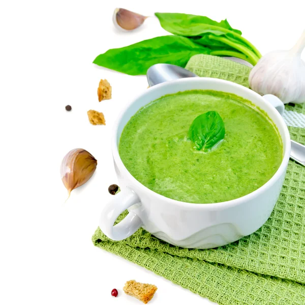 Soup puree with croutons and spoon in bowl on napkin — Stock Photo, Image