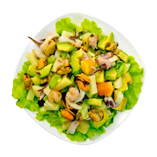 Sallad skaldjur och avokado i plattan ovanpå — Stockfoto