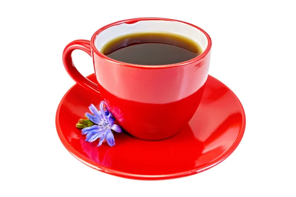 Bebida de achicoria en taza roja con flor azul — Foto de Stock