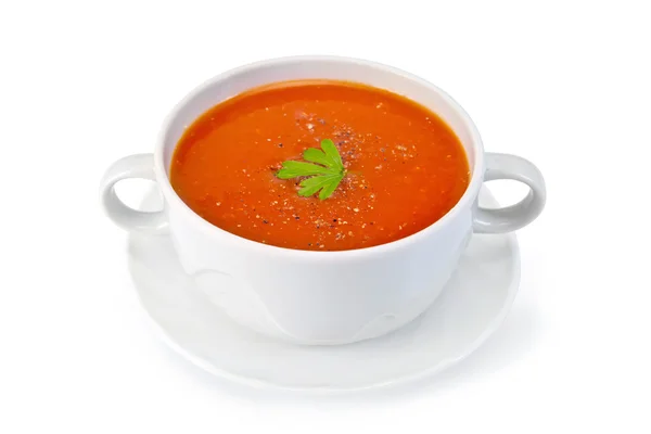 Pomodoro zuppa con prezzemolo in ciotola bianca sul piattino — Foto Stock