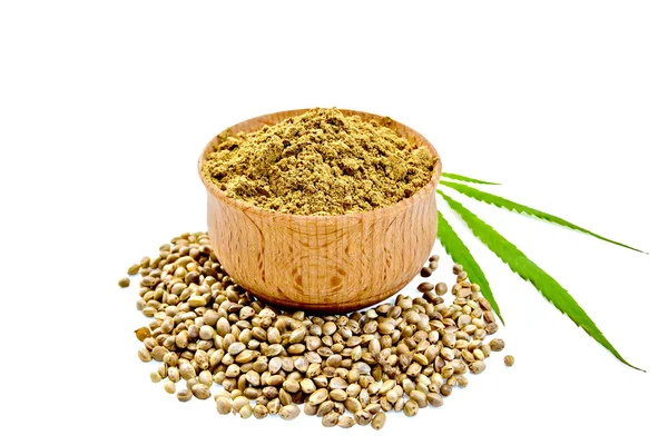 Flour hemp in bowl with leaf and grain — Stock Photo, Image