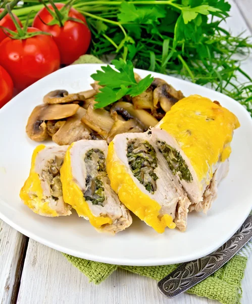 Roll chicken with champignons and cheese on board — Stock Fotó